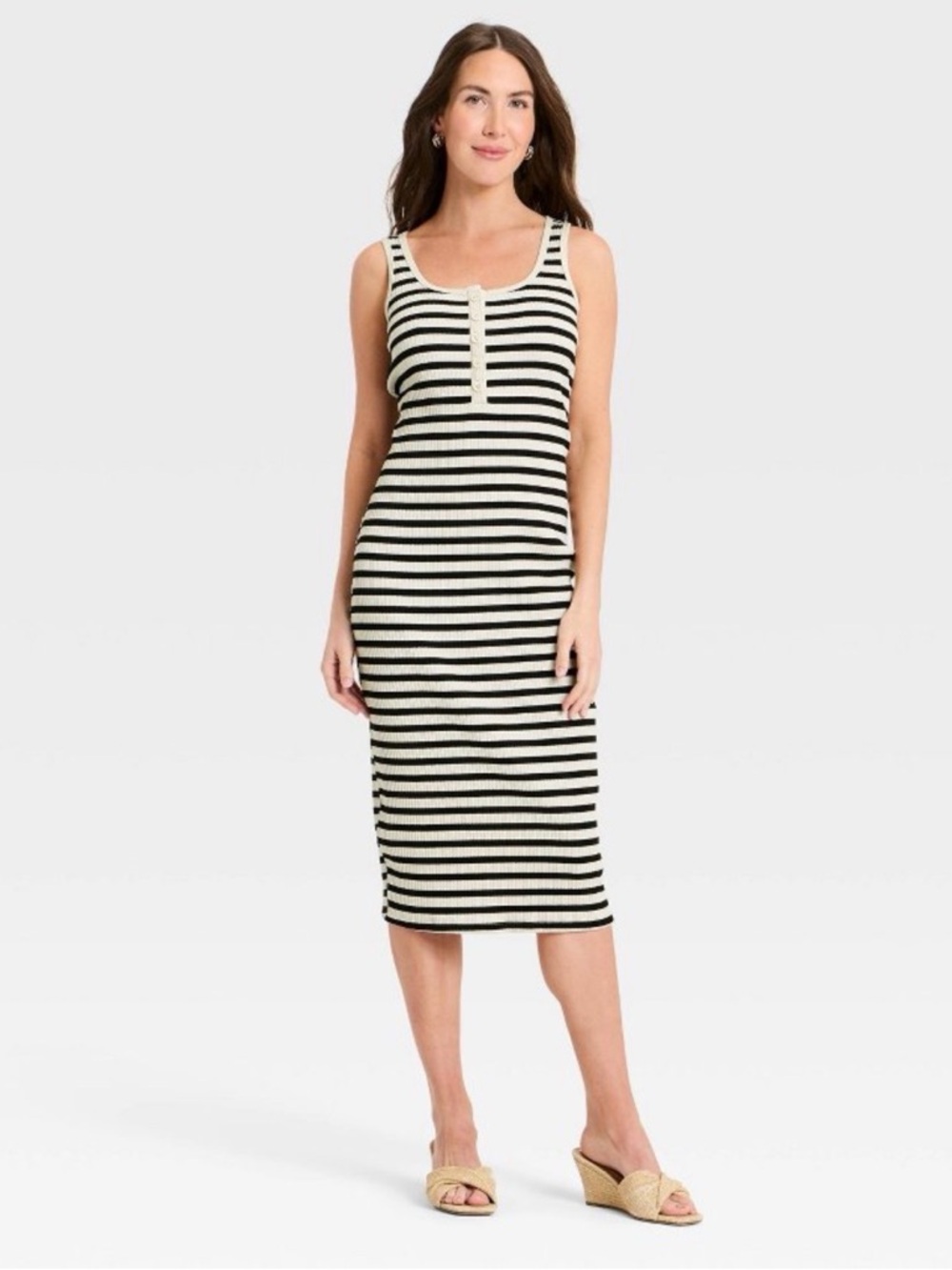 Women's White Strap Sleeveless butto-Front Midi Bodycon Dress S